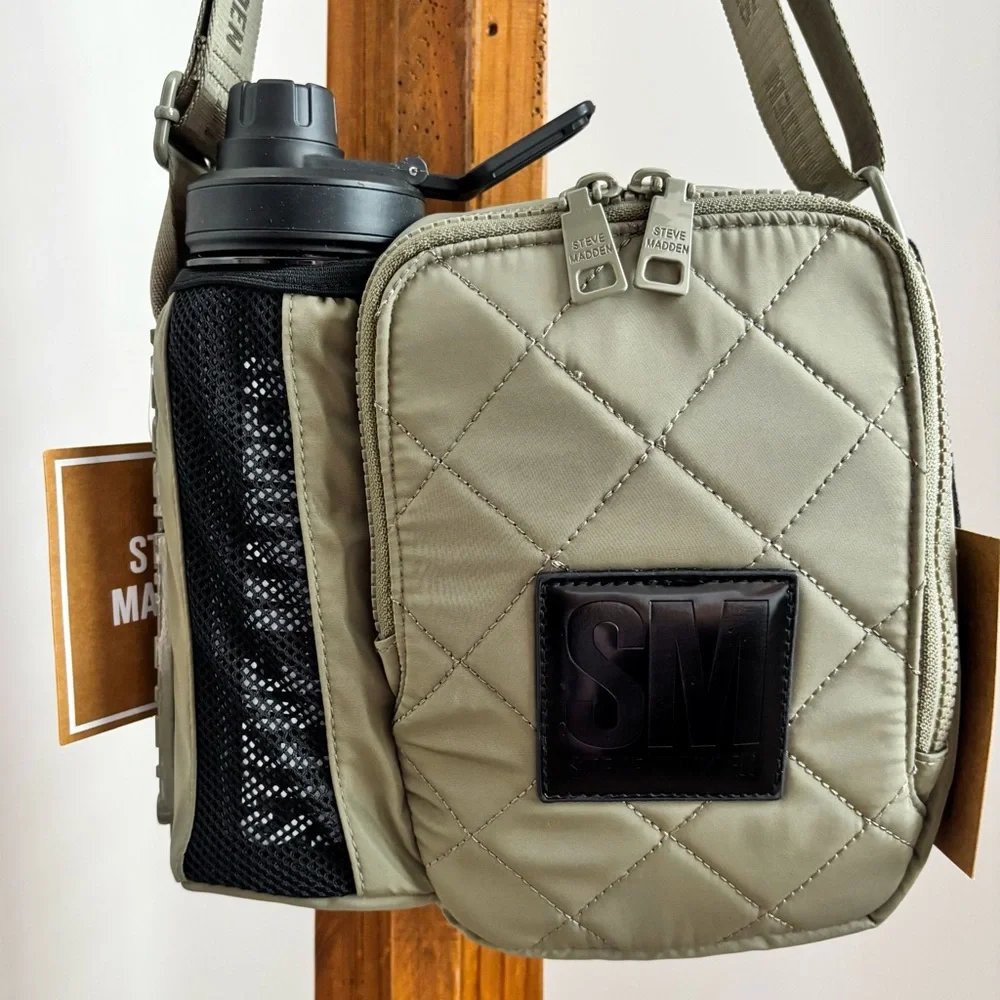 STEVE MADDEN Bavia Olive Green Quilted Crossbody Bag with Attached Water Bottle